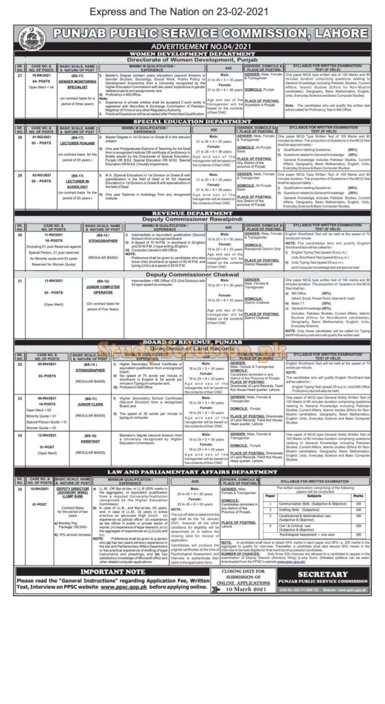 PPSC Punjab Public Service Commission Latest Jobs February 2021 Advertisement No 04/2021