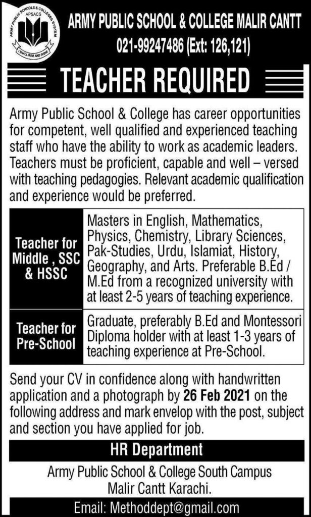 Army Public School Latest Jobs 2021