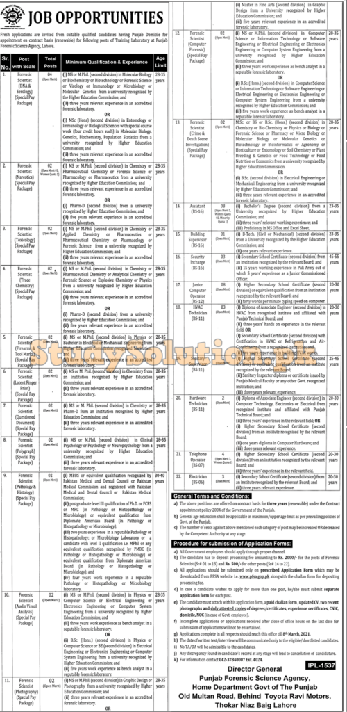 Punjab Forensic Science Agency Lahore Latest Jobs February 2021