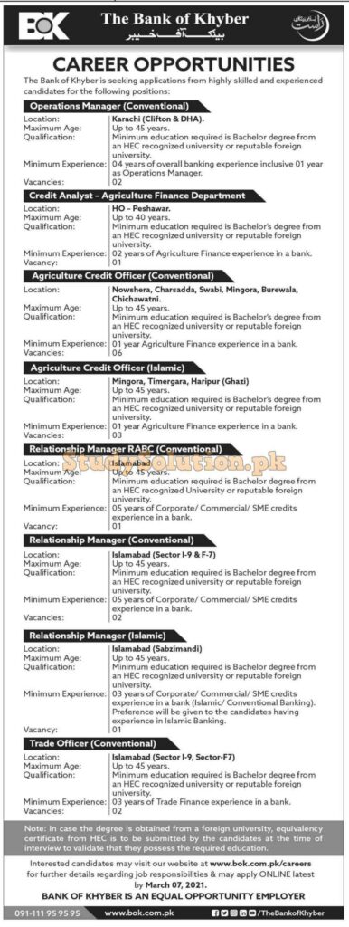 The Bank of Khyber Latest Jobs 2021 Advertisement