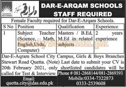 Latest School Teaching Jobs in Dar e Arqam School Staff Required 2021