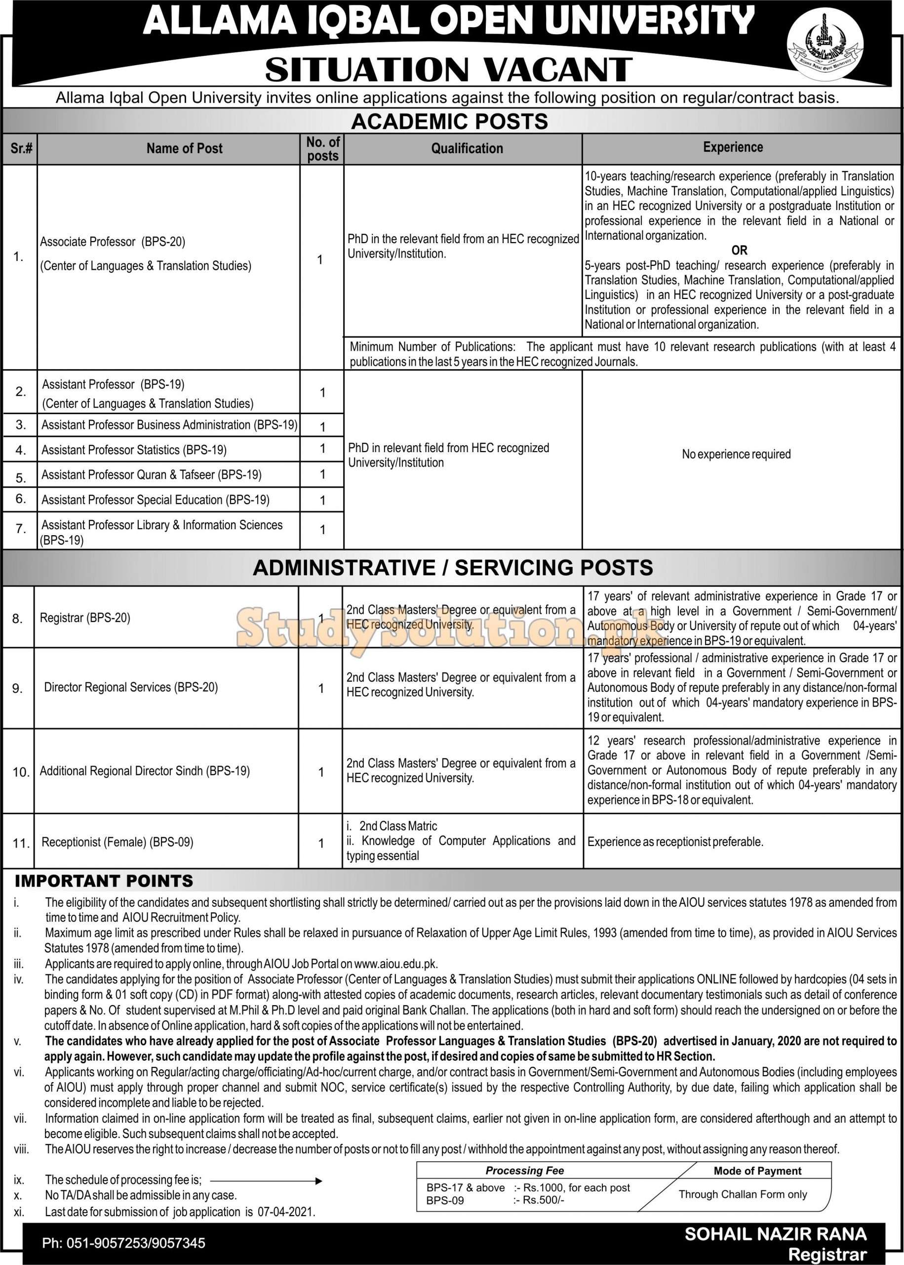 Allama Iqbal Open University AIOU Teaching & Non Teaching Latest Jobs 2021