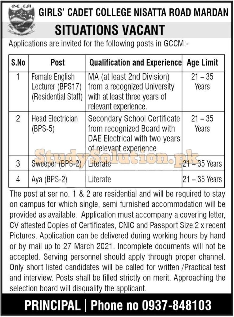 Latest Jobs in Pakistan Cadet College Jobs March 2021