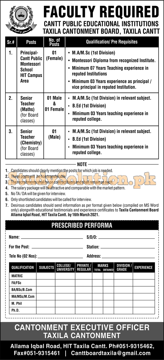 Cantt Public Educational Institutions Taxila Latest Jobs March 2021