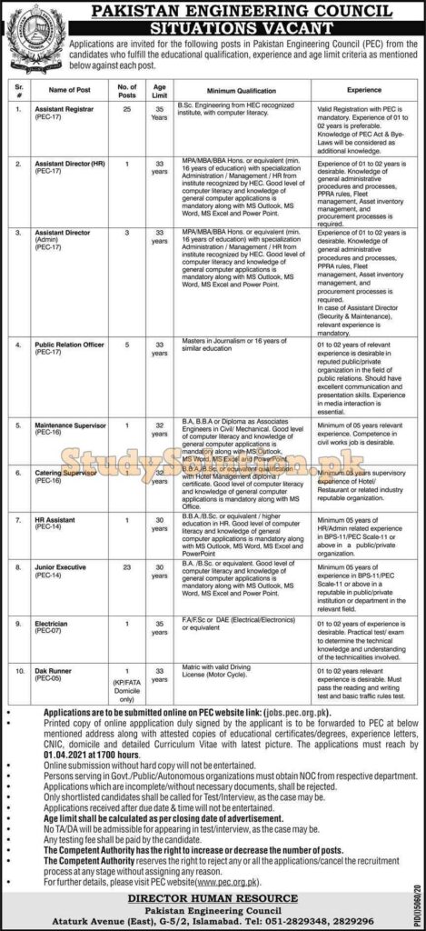 PEC Pakistan Engineering Council Latest Jobs March 2021