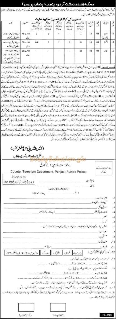 Punjab Police Counter Terrorism Department CTD Latest Jobs 2021