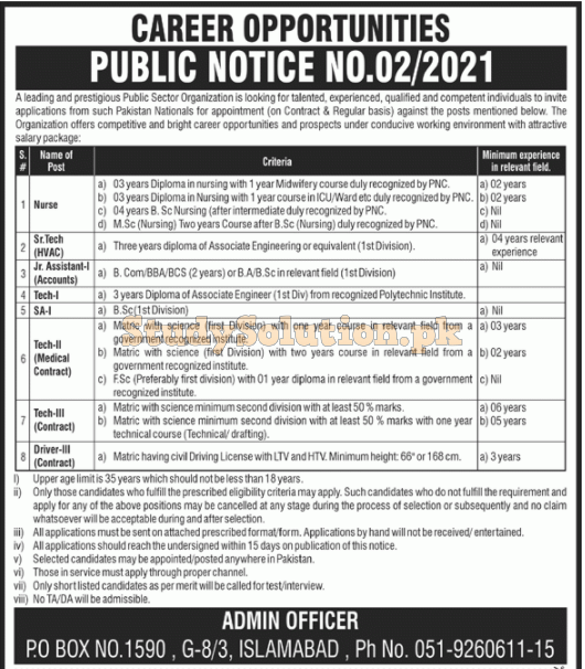 PAEC Public Sector Organization PO Box No 1590 Islamabad Jobs 2021