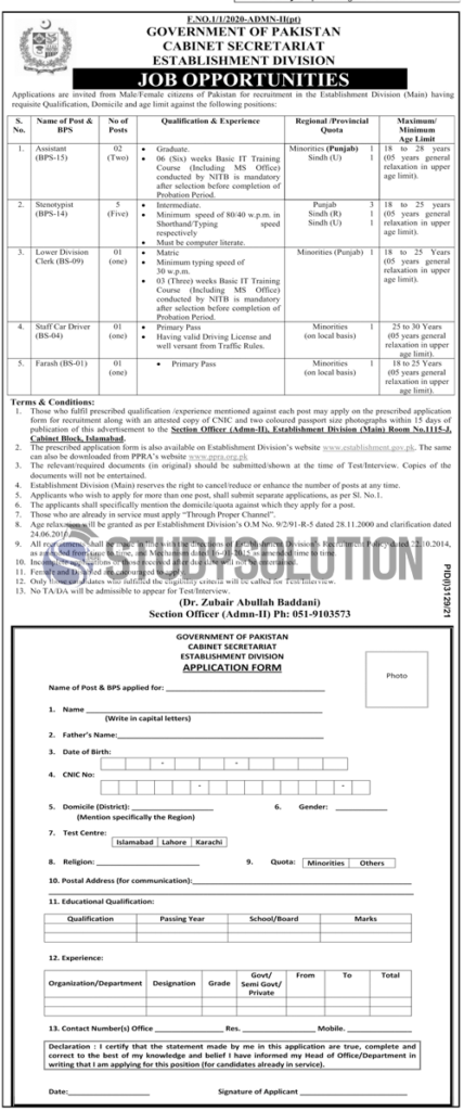 Federal Government Cabinet Secretariat Establishment Division Latest Jobs 2021