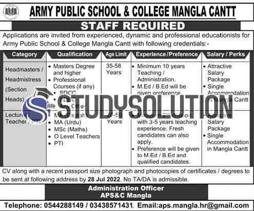 APS Army Public Schools Latest Jobs 2022 for Lecturers