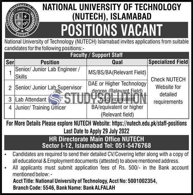 National University of Technology Islamabad NUTECH Jobs 2022