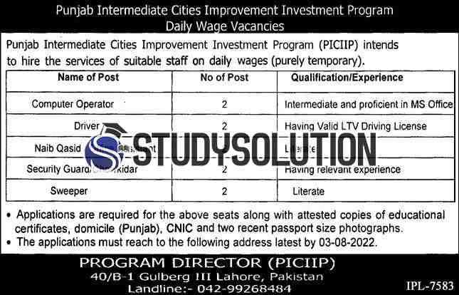 Punjab Govt Intermediate Cities Improvement Investment Program Jobs 2022