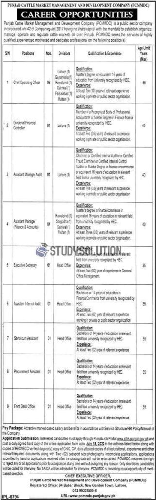 Punjab Govt Punjab Cattle Market Management and Development Company PCMMDC Jobs 2022