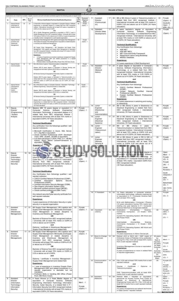 Latest WAPDA Water and Power Development Authority Jobs 2022