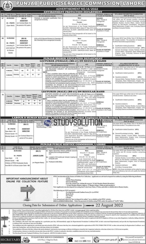 PPSC Announces New Lecturer Jobs in Higher Education Department Punjab 2022