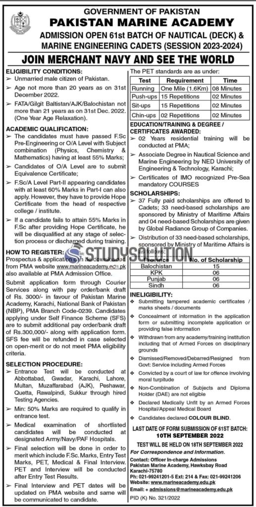 Pakistan Marine Academy PMA Head Office Announced Latest Jobs 2022