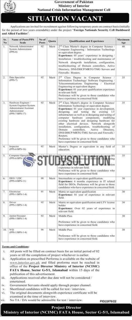 Federal Government Ministry of Interior Latest Jobs 2022