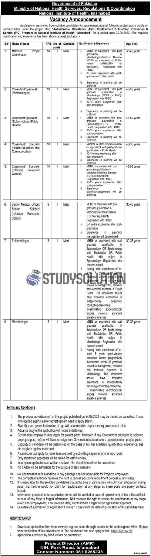 Federal Govt NIH Ministry of National Health Services Latest Jobs 2022