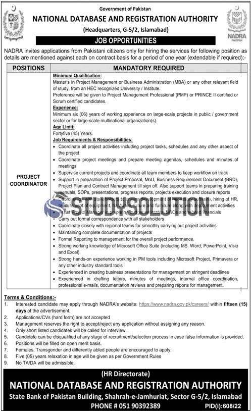 NADRA Project Coordinator National Database and Registration Authority Jobs 2022