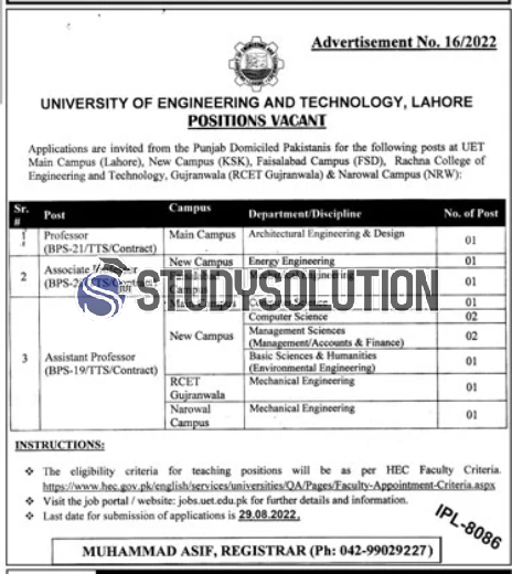 UET University of Engineering and Technology Lahore  Jobs 2022