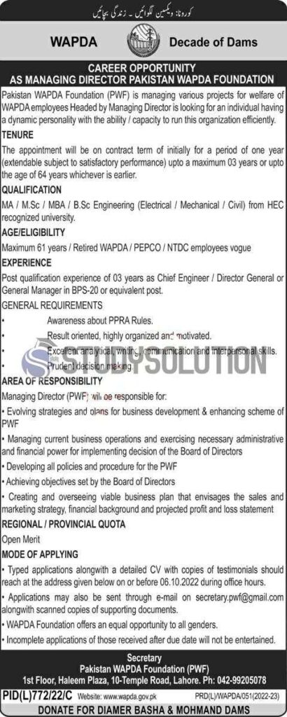 Pakistan WAPDA Foundation Head Office Announced Latest Jobs 2022