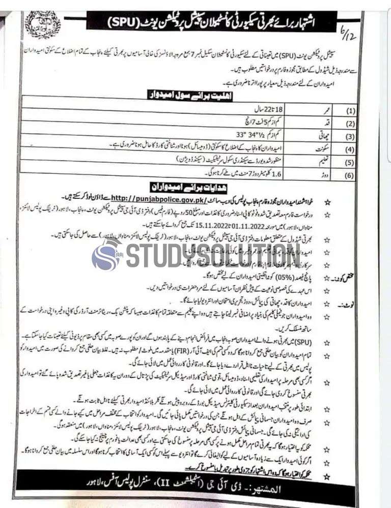 Special Protection Unit SPU Punjab Police New Jobs 2022