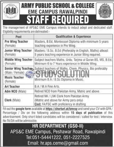 APS Rawalpindi School and College EME Campus Pakistan Army Jobs 2022