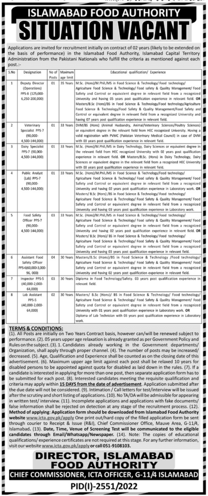 Islamabad Food Authority Latest Jobs 2022 Apply Online