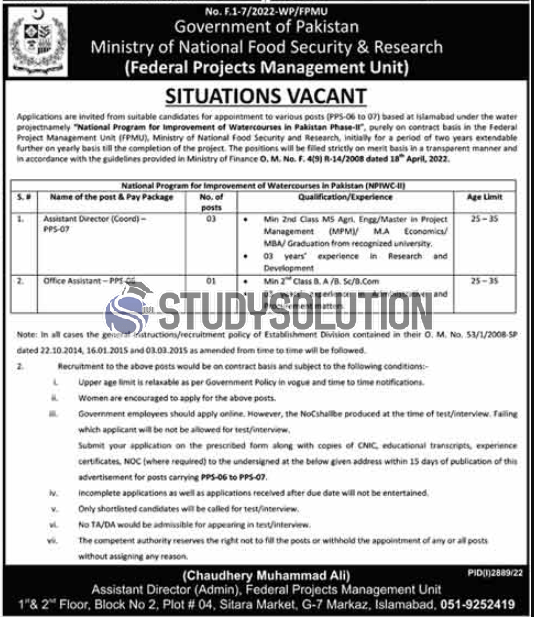 Ministry of National Food Security and Research Jobs 2022