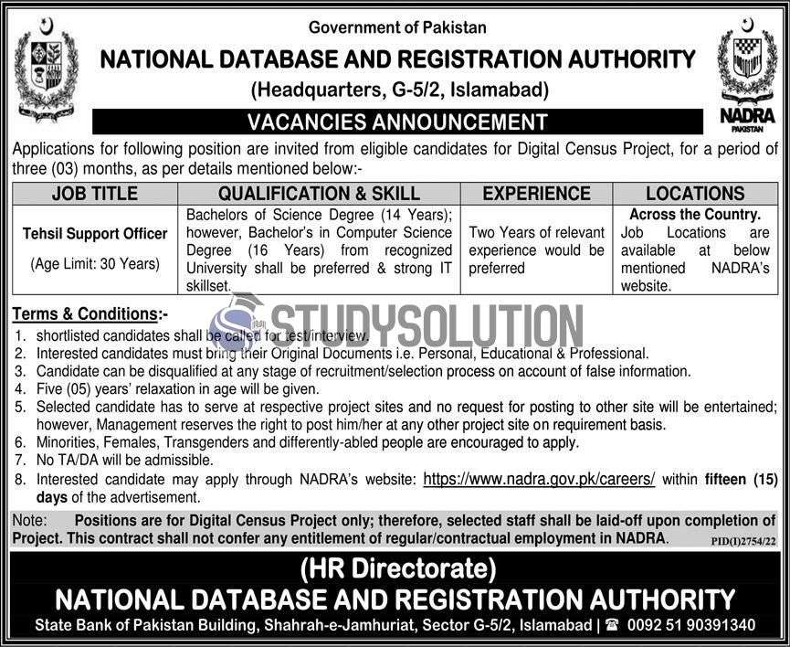 Latest NADRA Tehsil Support Officer Opportunities Jobs 2022 Apply Online