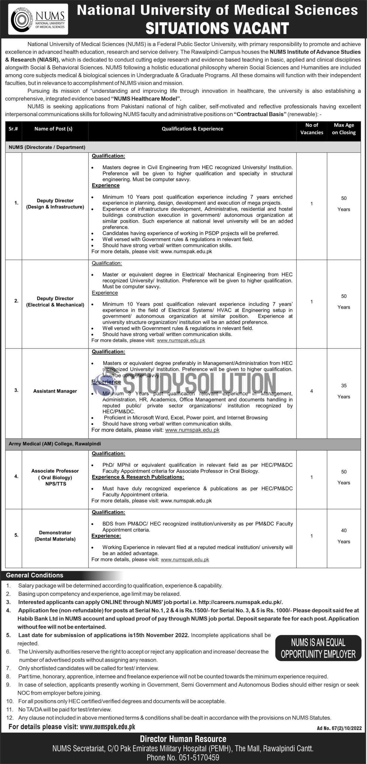 National University of Medical Sciences NUMS Jobs 2022 Latest
