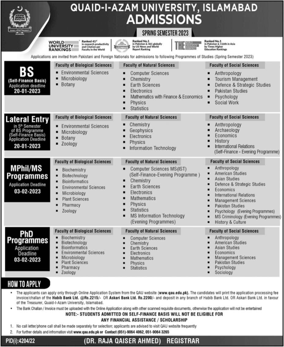 Quaid-i-Azam University Islamabad Admissions