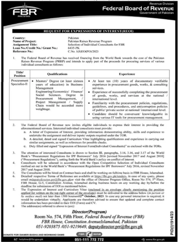 Latest FBR Federal Board of Revenue Jobs 2023