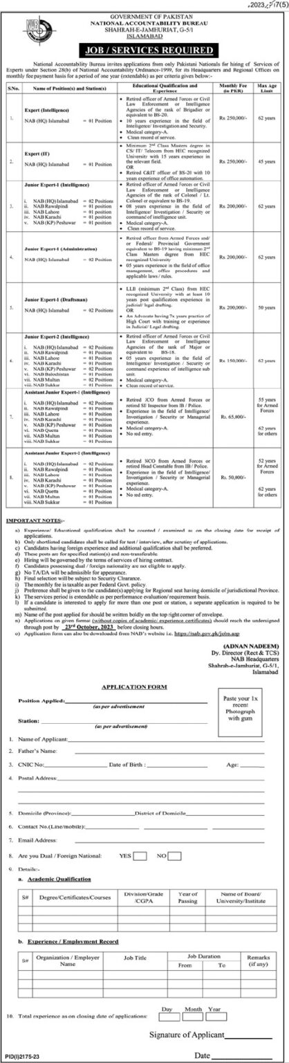 National Accountability Bureau NAB Govt of Pakistan Jobs 2023