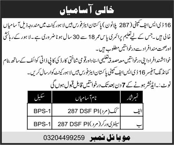 Latest Pakistan Airforce College PAF Jobs 2023