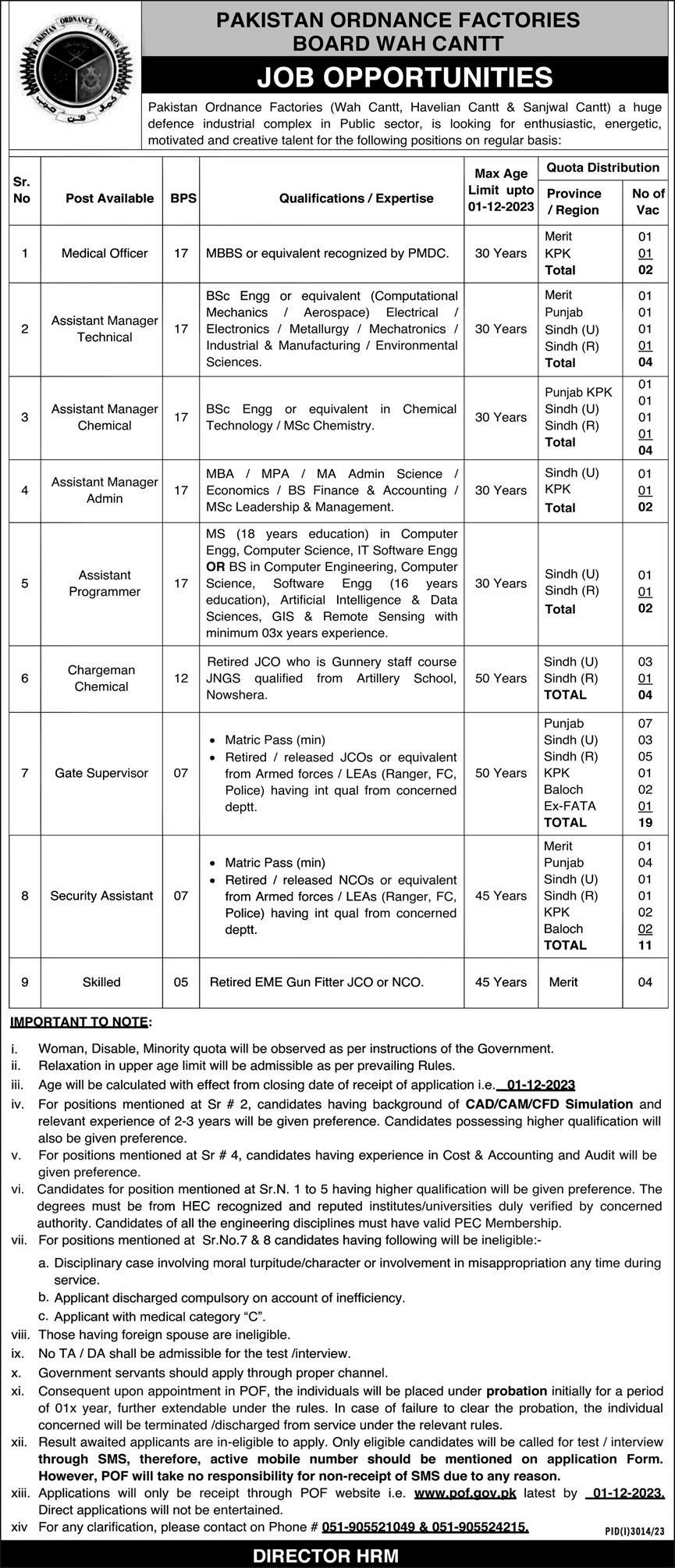 POF Job Positions at Pakistan Ordnance Factories 2023