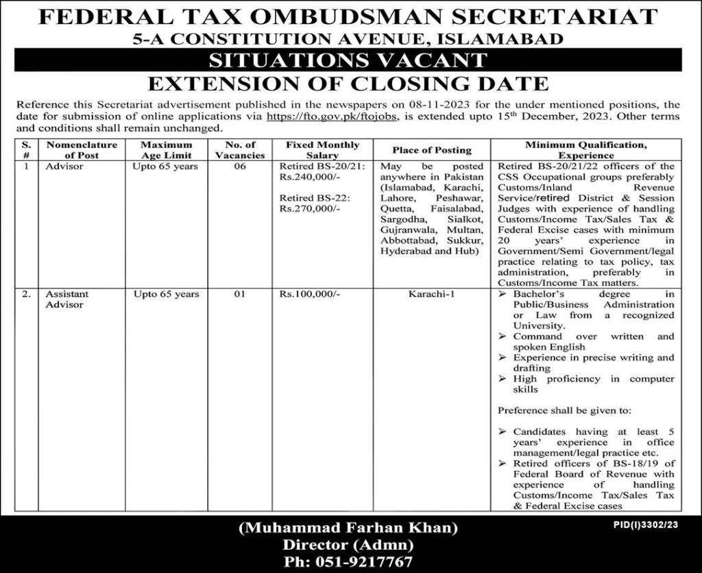 Federal Tax Ombudsman Secretariat New Jobs 2023