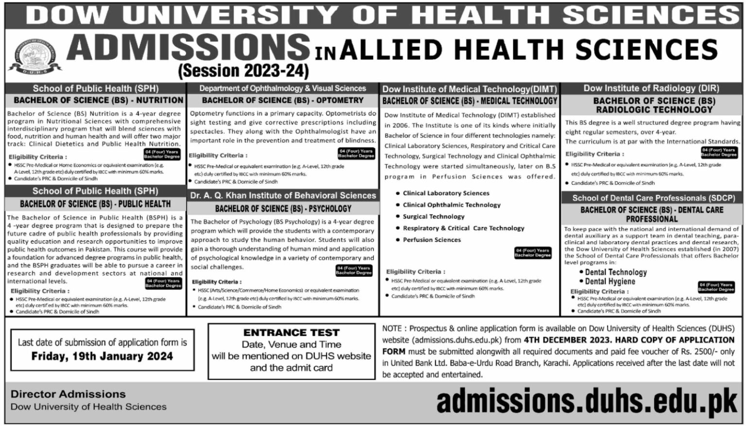 Dow University of Health Sciences Admissions 2024