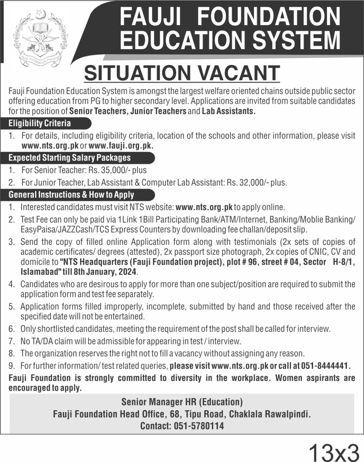 Fauji Foundation Schools and Colleges Teaching Jobs 2024