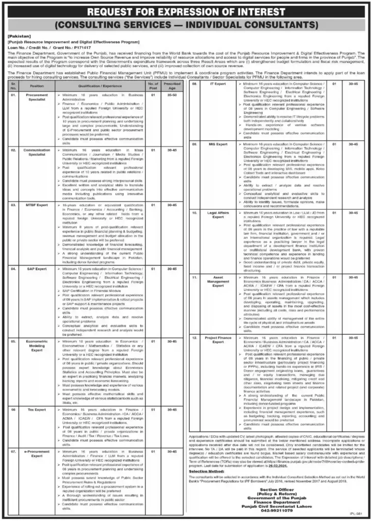 Latest Finance Department Jobs in Pakistan