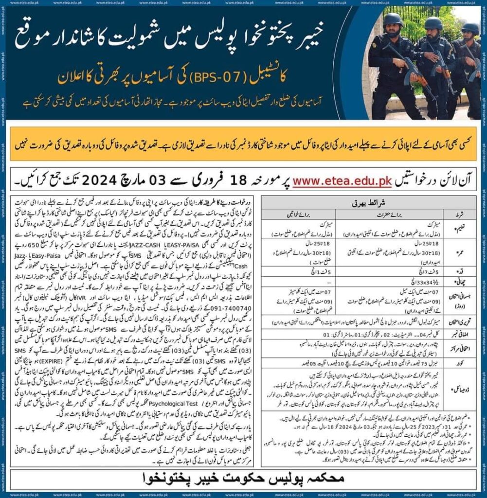 ETEA Police Constable Jobs Apply Online