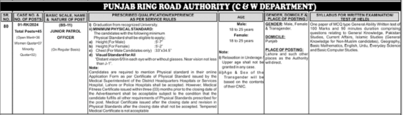 PPSC Junior Patrol Officer Ring Road Authority Jobs 2024