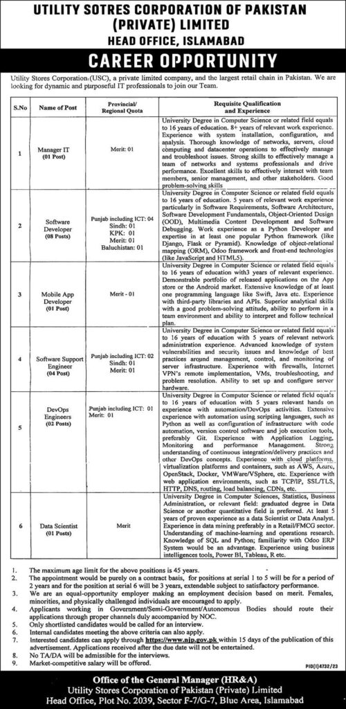 Utility Stores Corporation of Pakistan Jobs