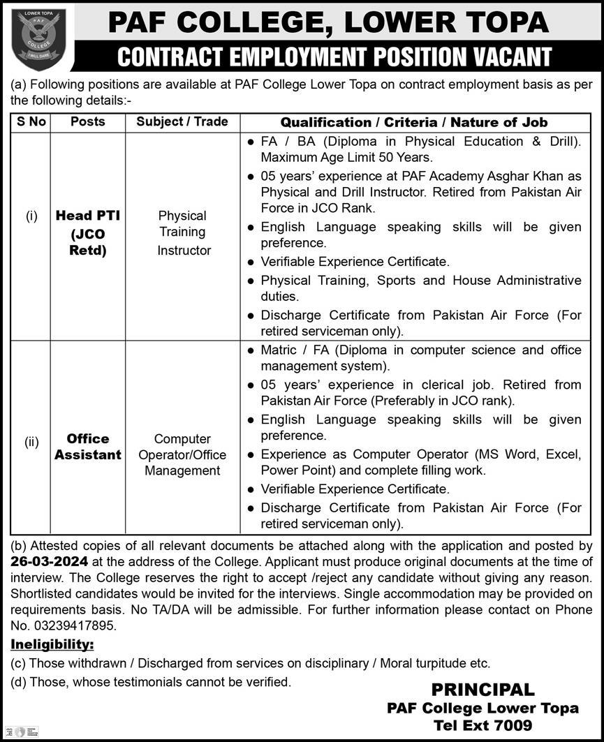 PAF Pakistan Air Force College Jobs Latest