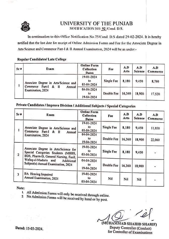 Punjab University Admission Schedule 2024