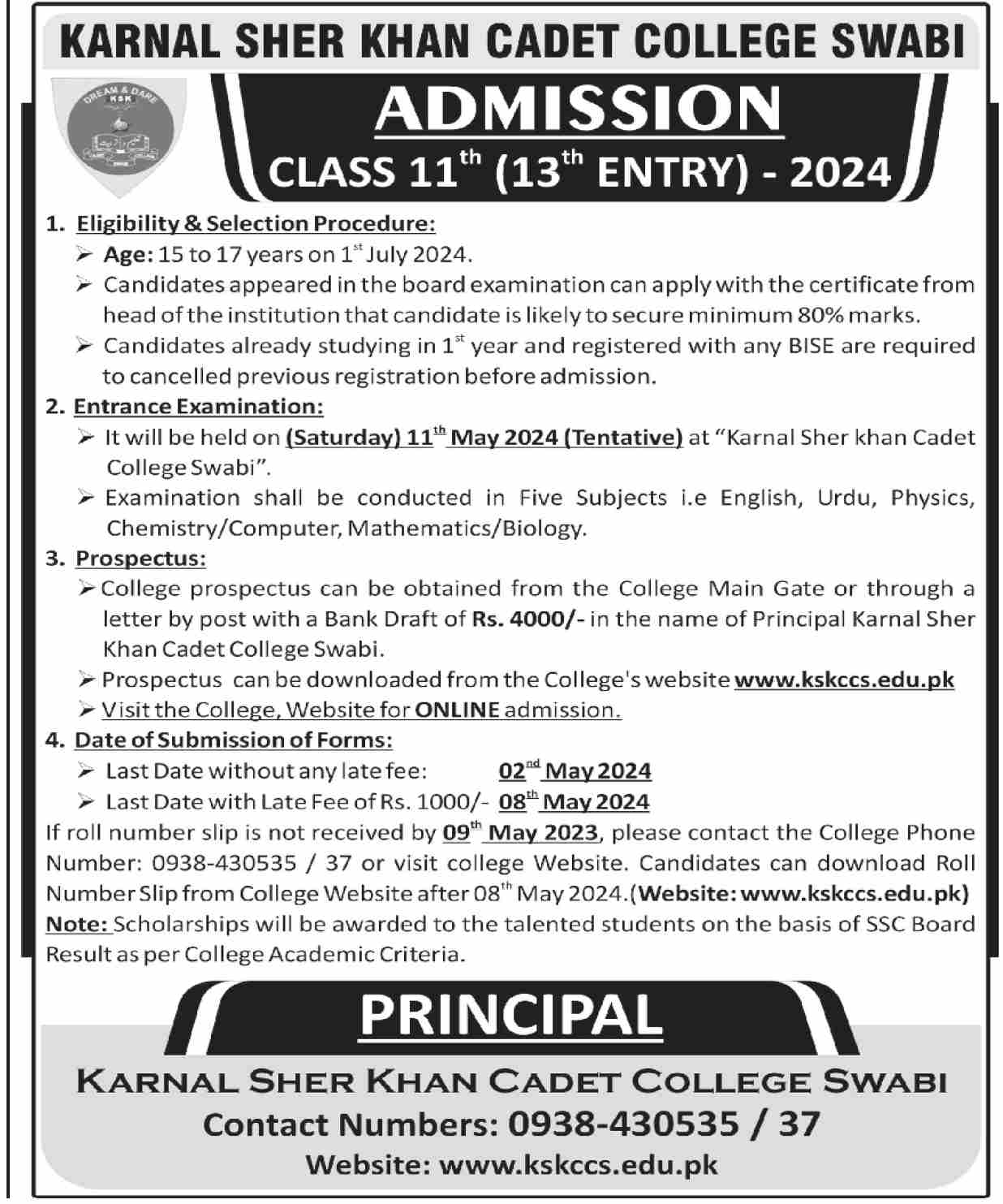 Karnal Sher Khan Cadet College Swabi Admissions Update 2024