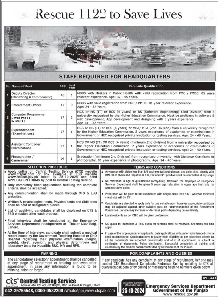 Punjab Rescue 1122 Jobs 2024 Apply through CTS