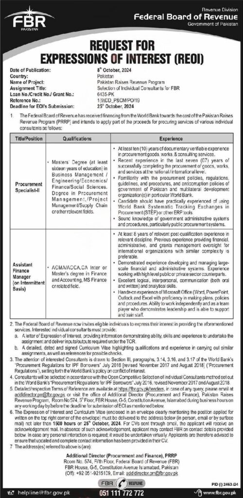 Federal Board Of Revenue FBR Latest Jobs in Pakistan